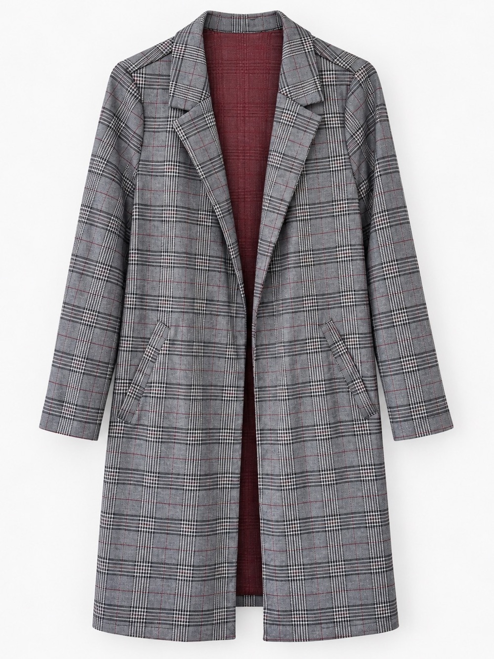 Melloday Women’s Size M Gray Plaid Longline Blazer Coat Burgundy Lined